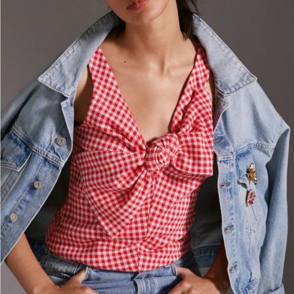 Eva Franco Red and White Gingham Bow Front Sleeveless Top - Picture 2 of 4